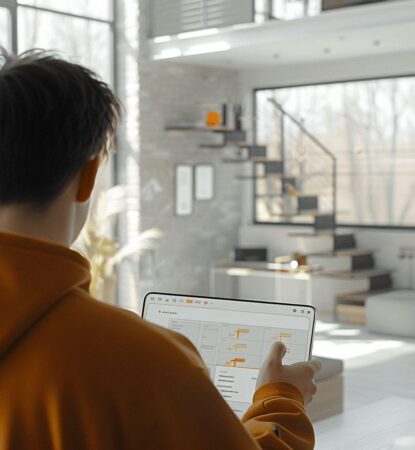 Un homme utilise un ordinateur portable dans un espace de travail moderne et lumineux