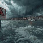Image d'un port animé par une violente tempête et des vagues déchaînées.